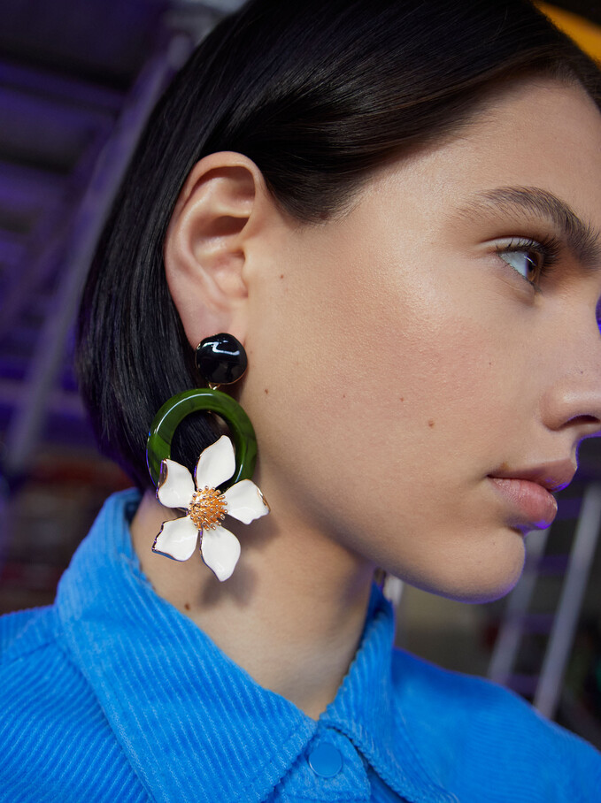 Flower Earrings, Green, hi-res