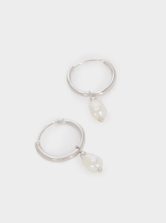 925 Sterling Silver Small Hoop Earrings With Pearl, Beige, hi-res