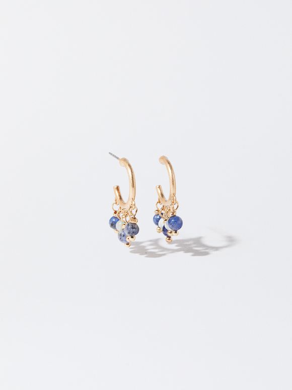 Golden Hoop Earrings With Stone, Blue, hi-res