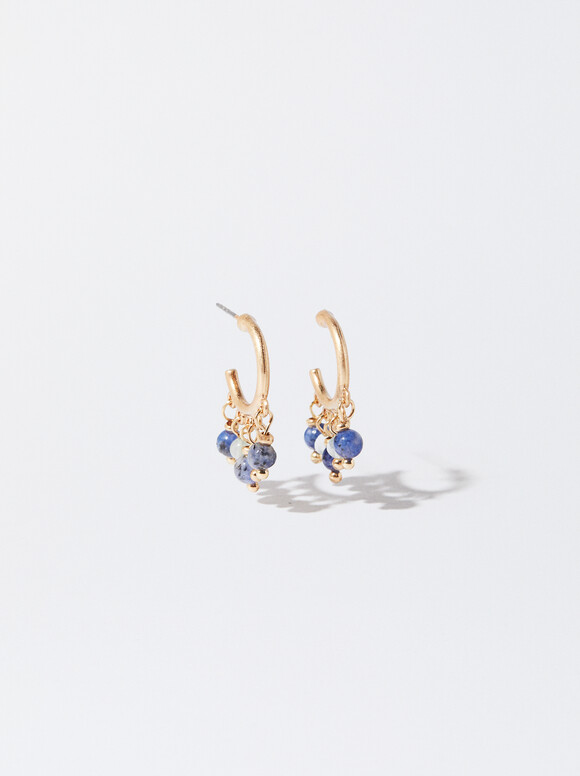 Golden Hoop Earrings With Stone, Blue, hi-res
