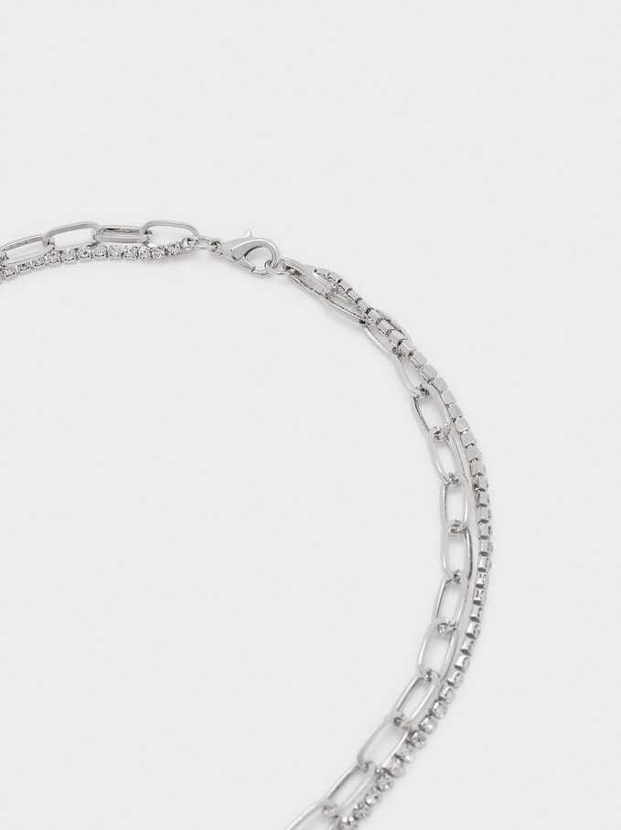 Short Chain Necklace With Crystals, Silver, hi-res