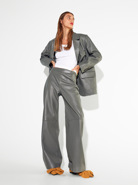 Straight Leather Trousers, Grey, hi-res