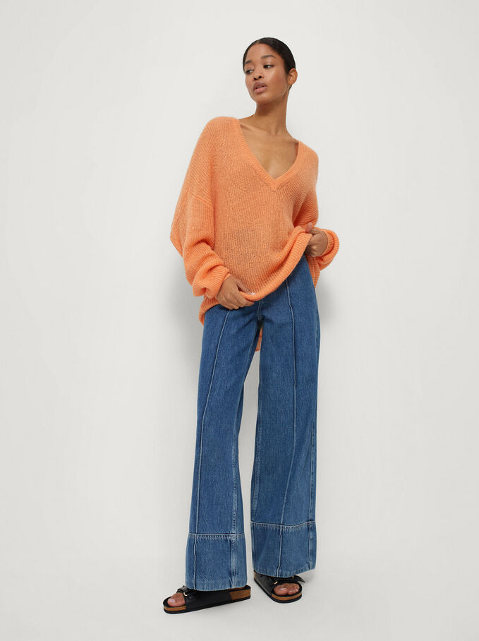 V-Neck Knit Sweater, Orange, hi-res