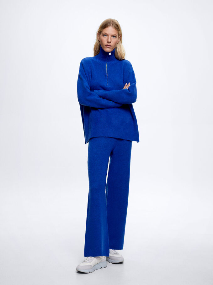 Pantalon Style Jupe-Culotte En Maille, Bleu, hi-res