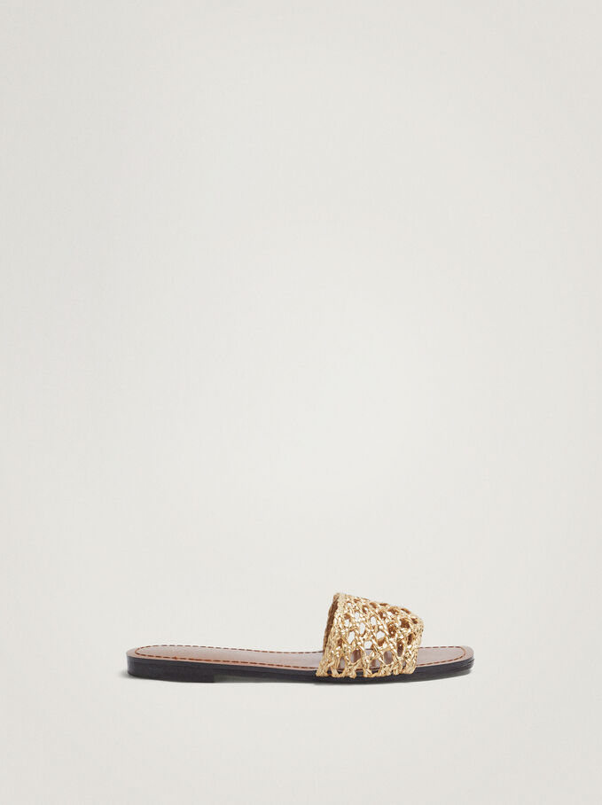 Raffia Flat Sandals, Golden, hi-res