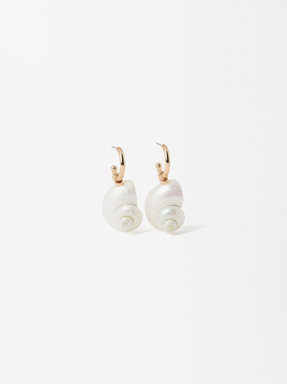 Shell Hoop Earrings, White, hi-res