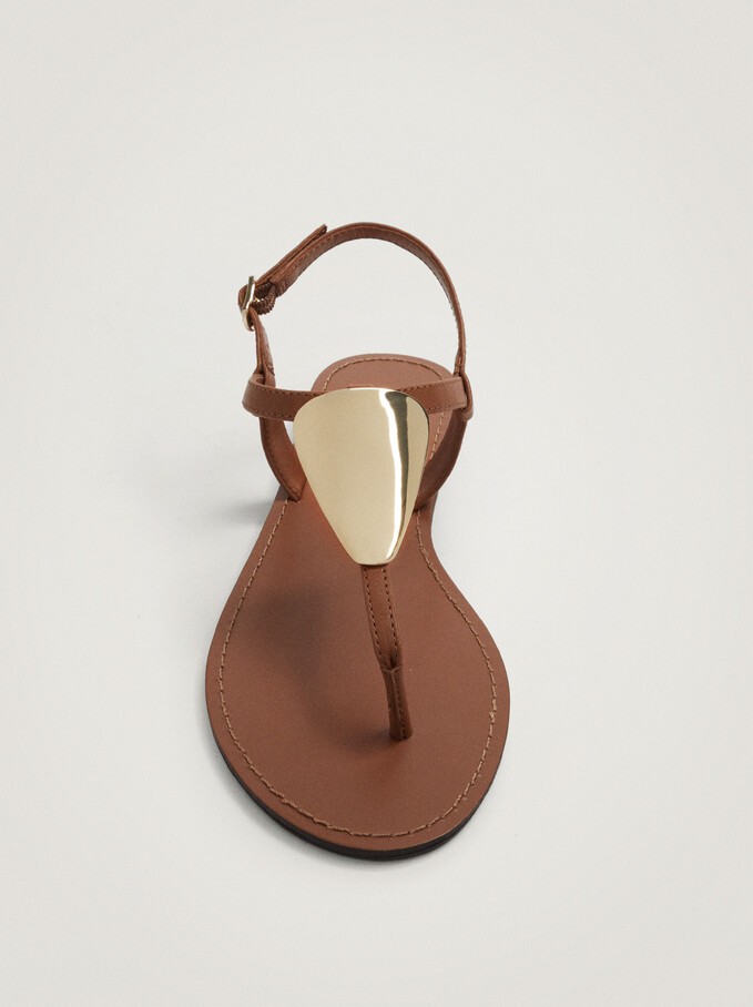 Flat Sandals With Metallic Detail, Camel, hi-res
