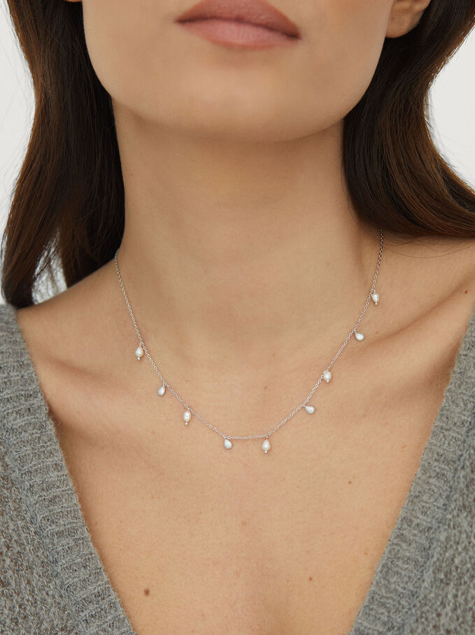 Short Silver 925 Necklace With Pearls, White, hi-res