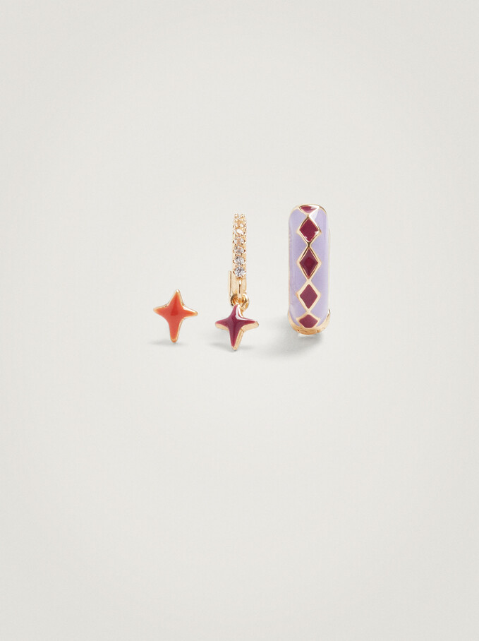 Set Of Hoop Earrings With Star, Multicolor, hi-res