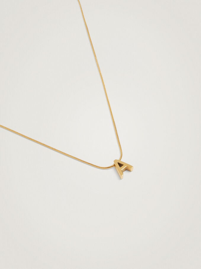 Steel Necklace With Letter A, Golden, hi-res