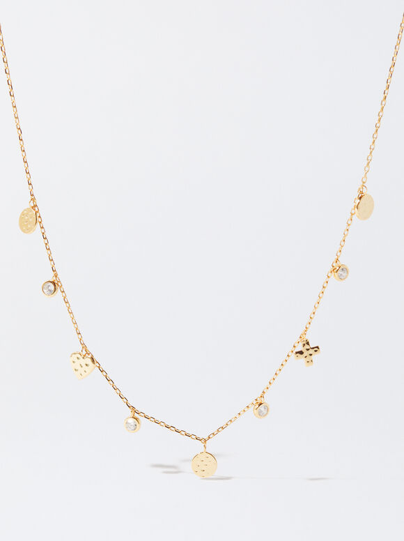 925 Silver Necklace With Zirconia, Golden, hi-res
