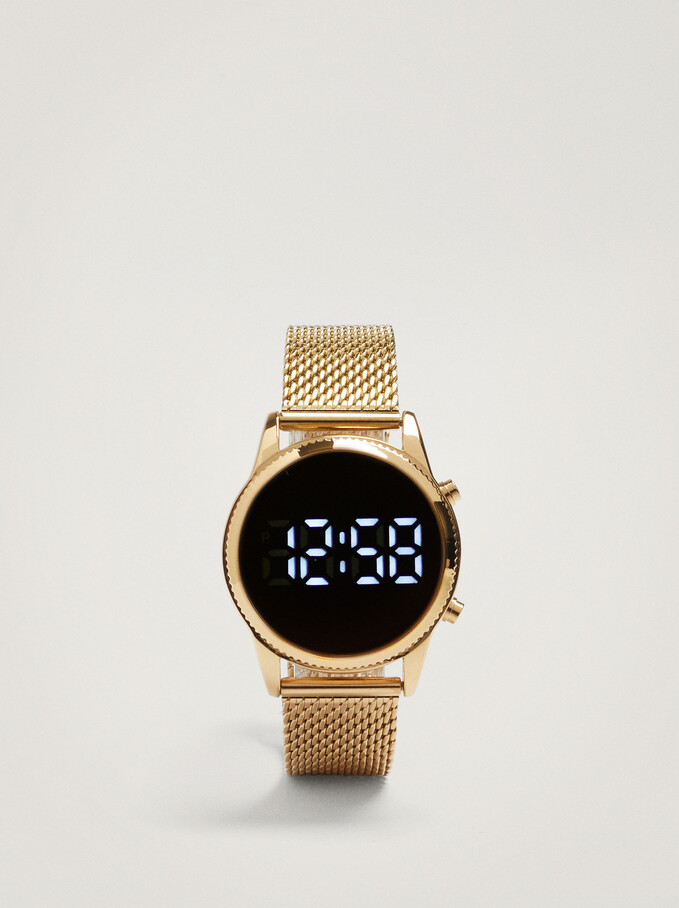 Digital Watch With Steel Wristband, Golden, hi-res