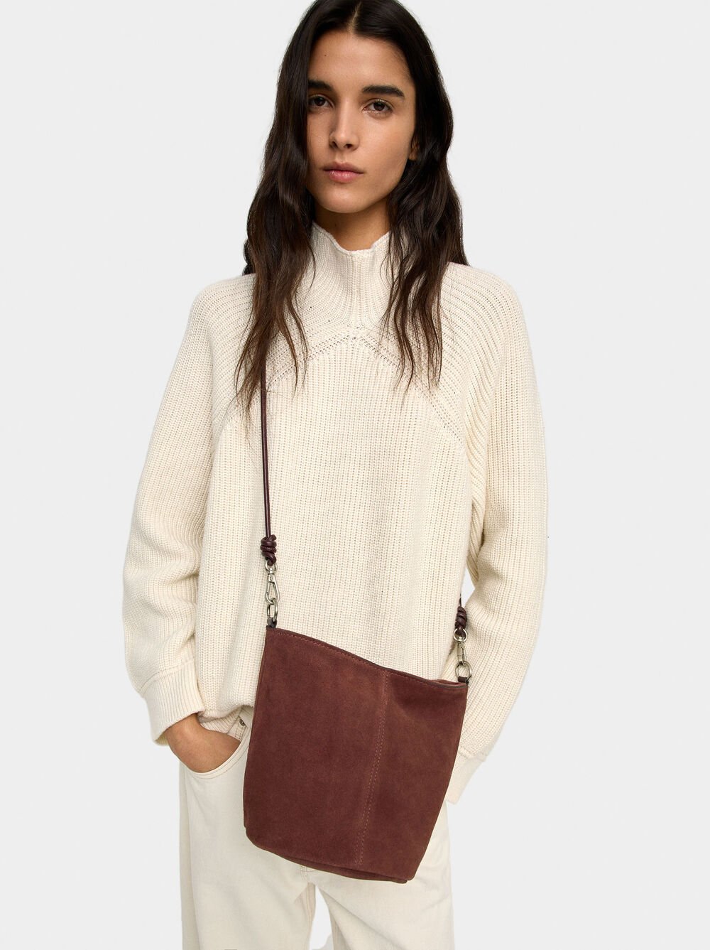 Leather bucket bag with crossbody strap