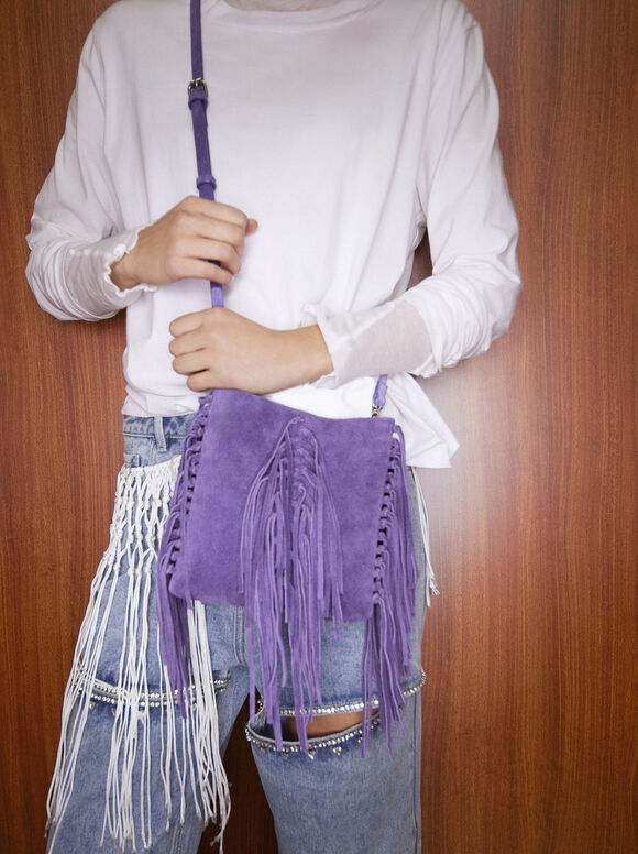 Leather Crossbody Bag With Fringes, Purple, hi-res