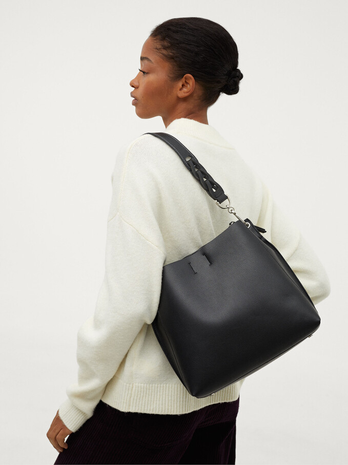 Shoulder Bag With Interwoven Strap, Black, hi-res