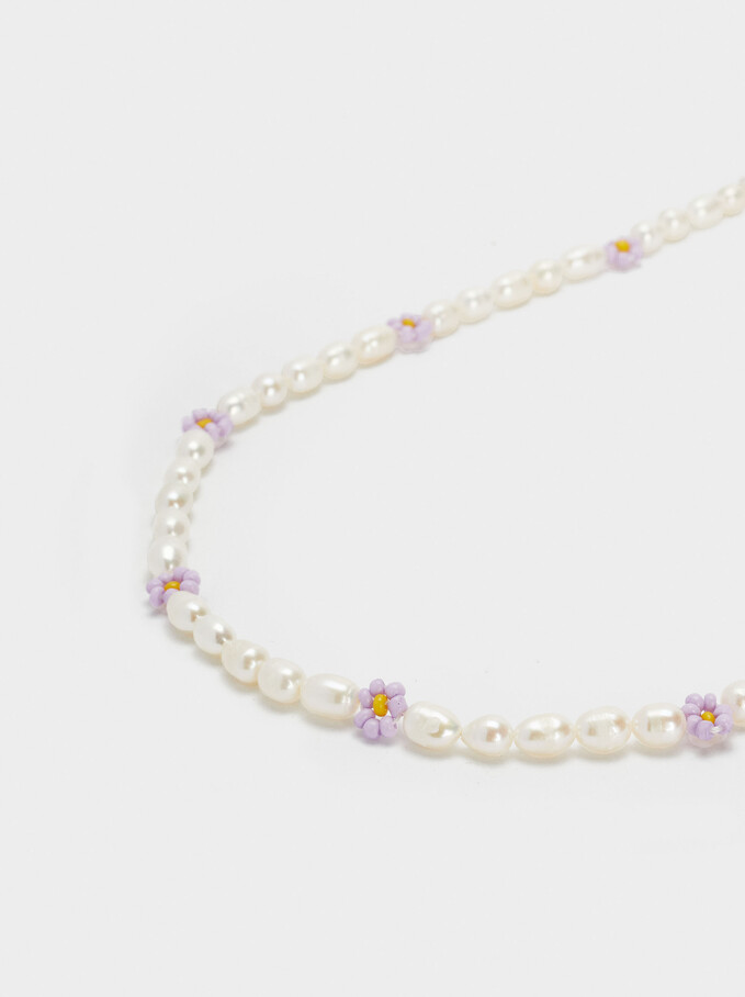 Short Necklace With Pearls And Flowers, Multicolor, hi-res