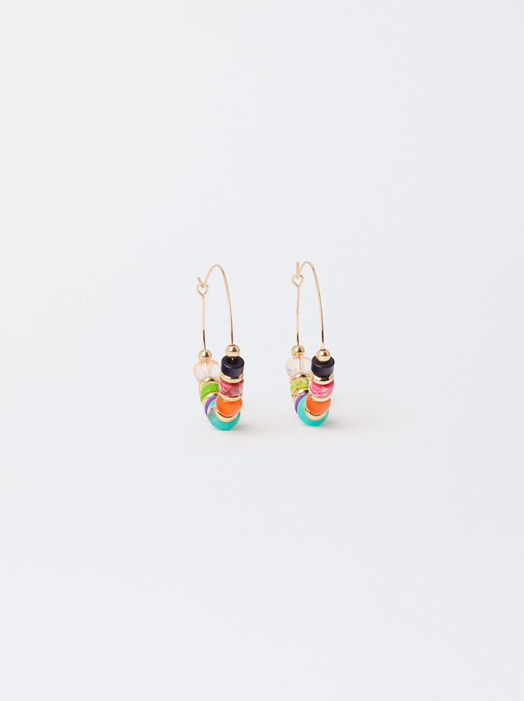 Multicoloured Hoop Earrings With Stones, Multicolor, hi-res