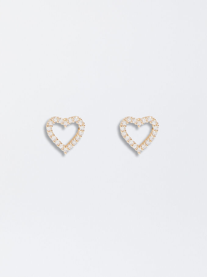 Earrings With Heart And Zirconia, Golden, hi-res