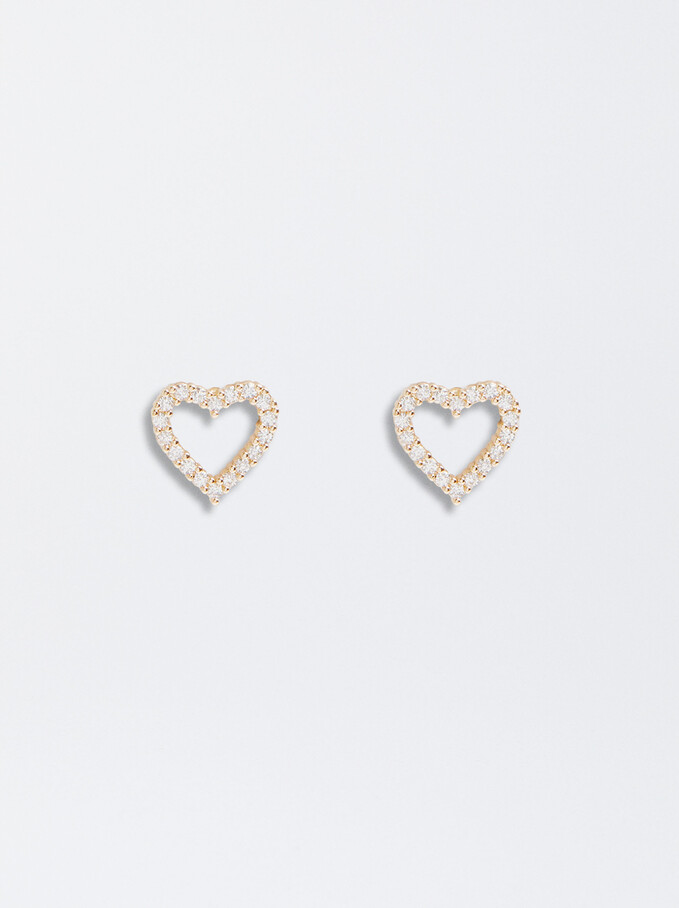 Earrings With Heart And Zirconia, Golden, hi-res