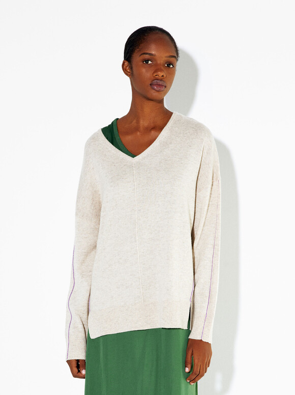 Knitted V-Neck Sweater, Beige, hi-res