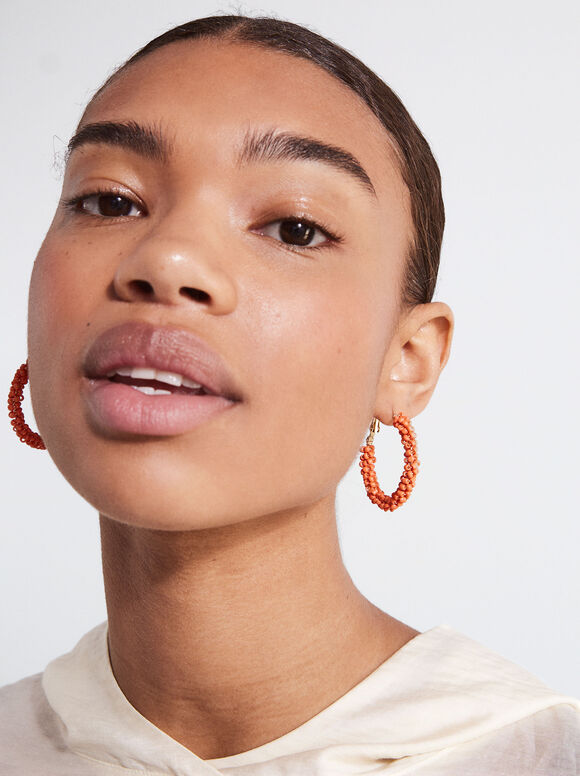 Beaded Hoop Earrings, Orange, hi-res