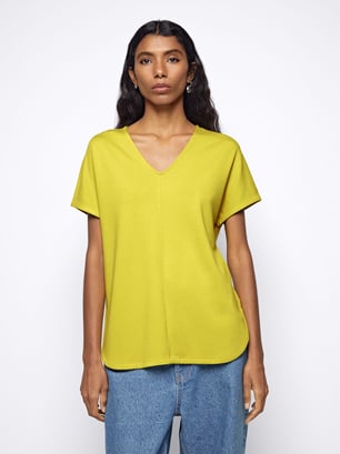 Camiseta Básica Cuello Pico, Amarillo, hi-res