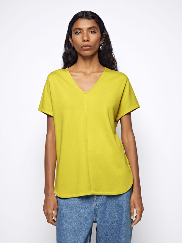 V-Neck Basic T-Shirt, Yellow, hi-res