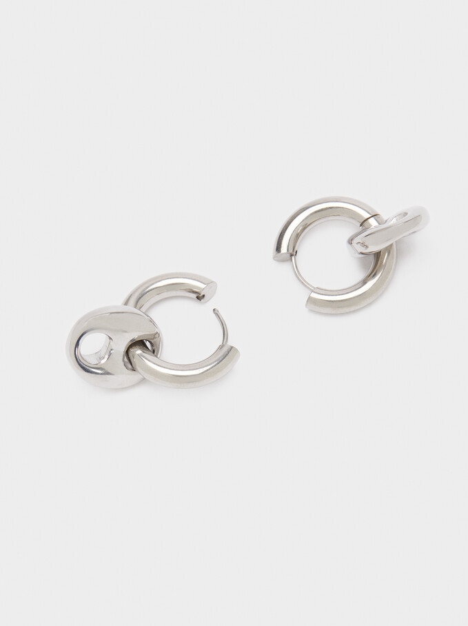 Stainless Steel Hoop Earrings With Pendants, Silver, hi-res