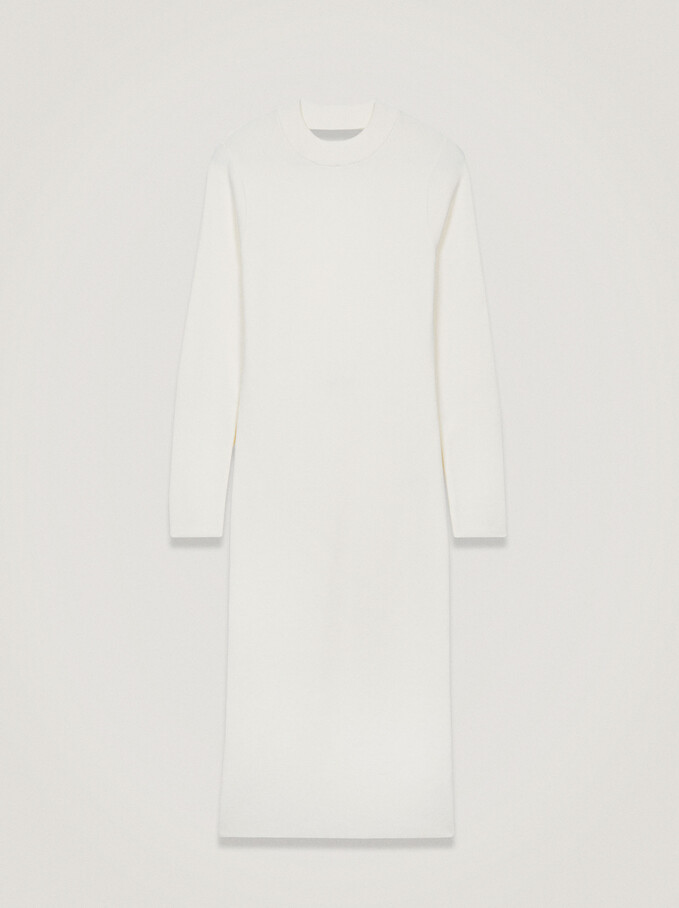 Long-Sleeve Ribbed Dress, White, hi-res