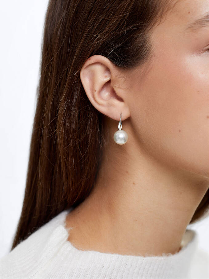 Silver Earrings With Pearls, Beige, hi-res