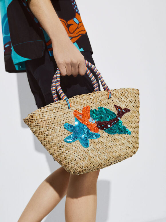 Straw Tote Bag With Beads And Sequins, Ecru, hi-res