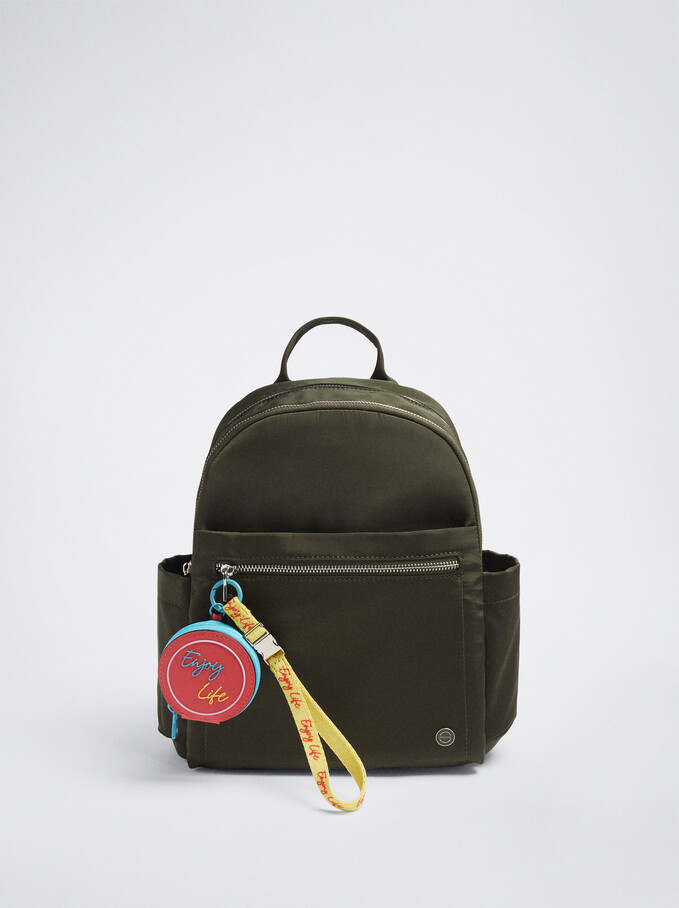 Sac À Dos En Nylon Avec Pendentif, Kaki, hi-res