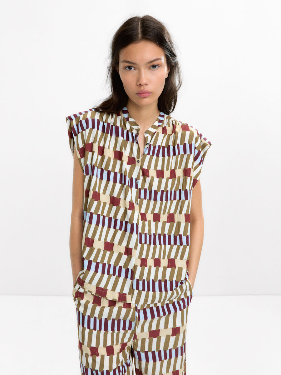 Printed top with mandarin collar