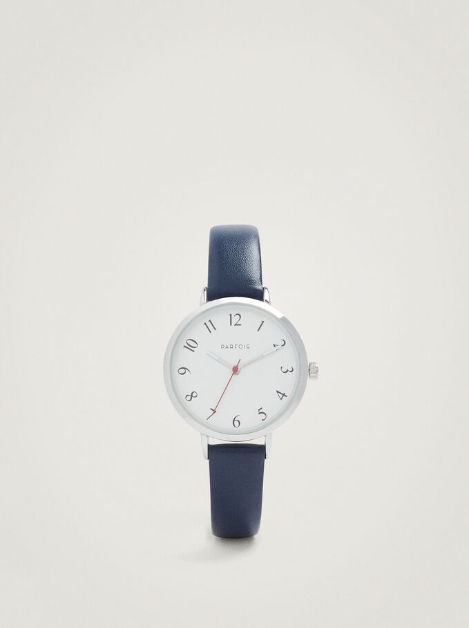Watch With Leather Effect Wristband, Navy, hi-res