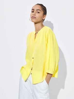Textured Shirt With Puffed Sleeves, Yellow, hi-res