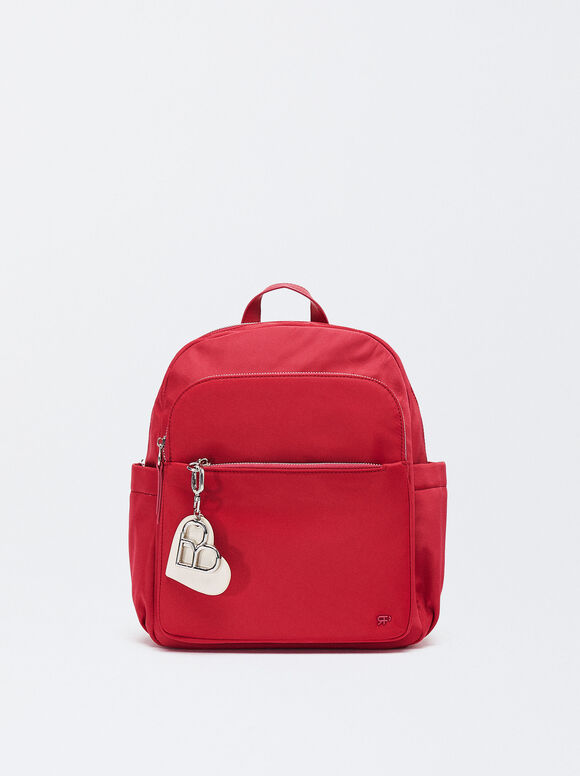Nylon Backpack With Heart Pendant, Fuchsia, hi-res
