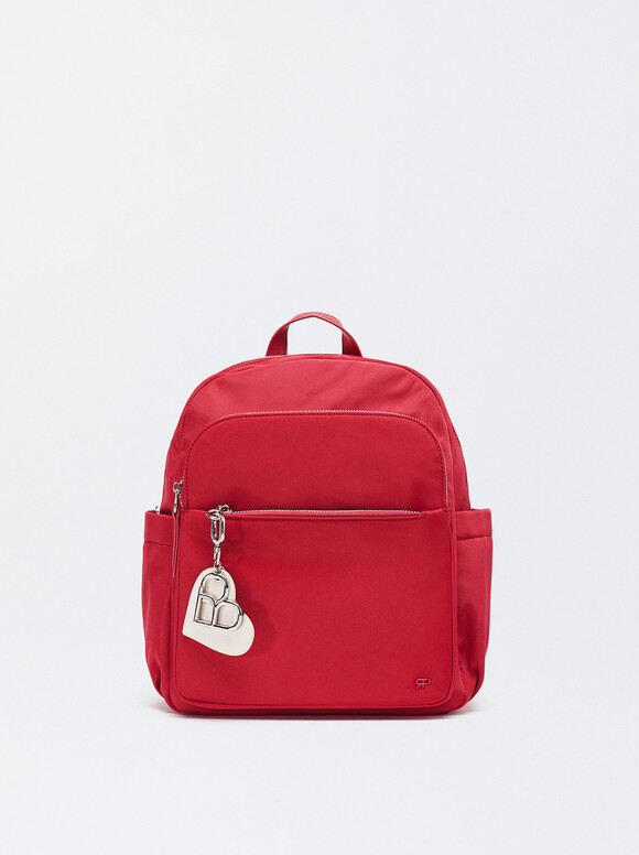 Nylon Backpack With Heart Pendant, Fuchsia, hi-res
