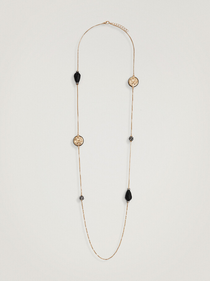 Long Necklace With Bead Detail, Black, hi-res