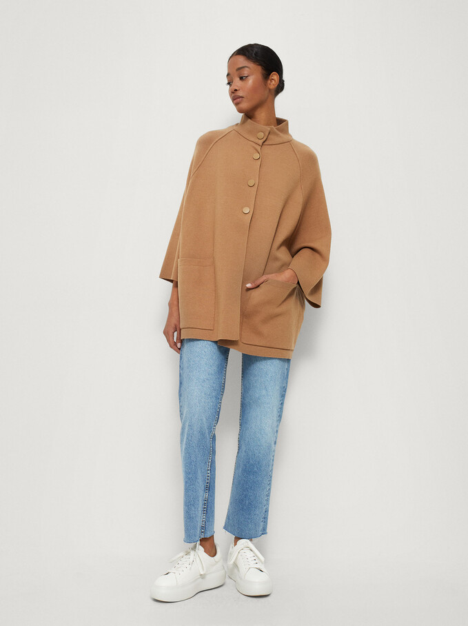 Knit Poncho With High Neck, Camel, hi-res