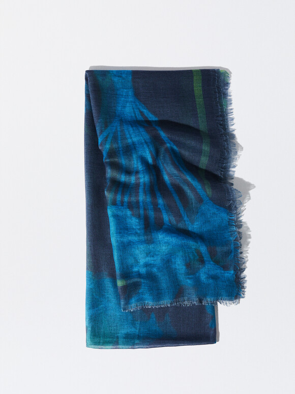 Printed Scarf, Navy, hi-res