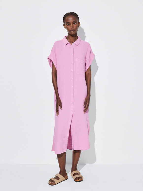 Cotton Shirt Dress, Pink, hi-res