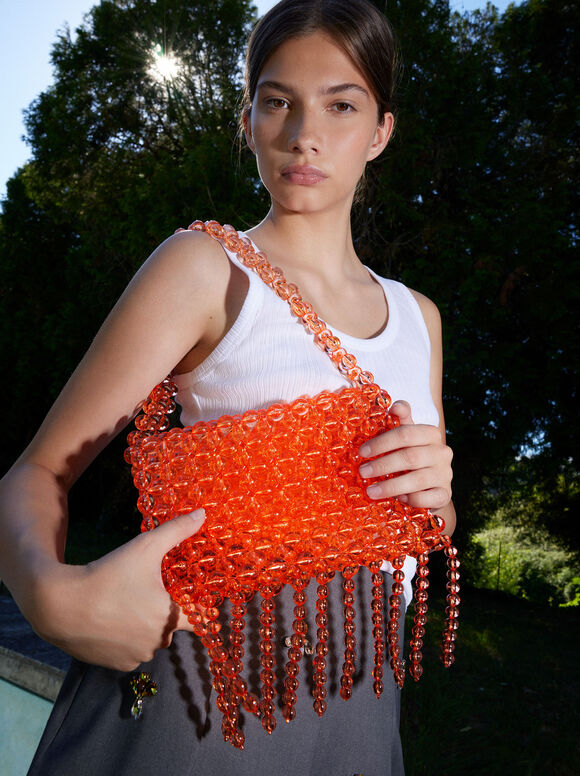 Online Exclusive - Shoulder Bag With Beads, Orange, hi-res