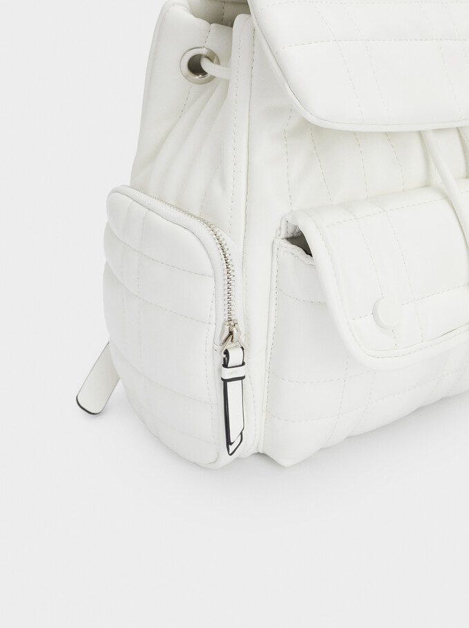 Quilted Backpack With Front Flap Closure, White, hi-res