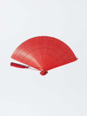 Bamboo Perforated Fan, Red, hi-res