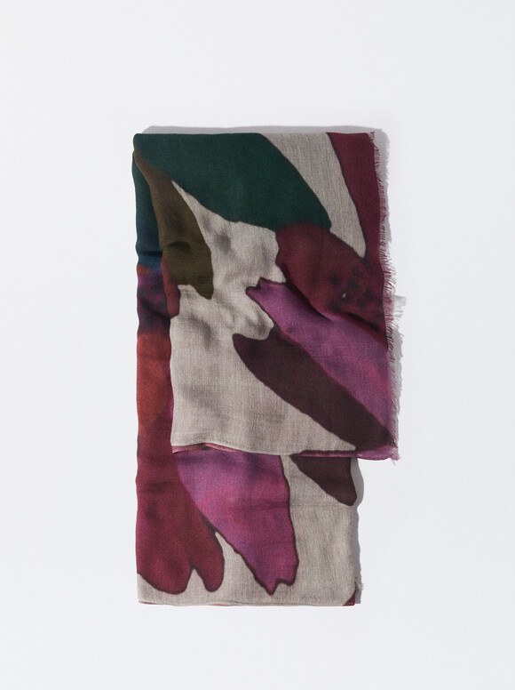 Printed Wool Scarf, Multicolor, hi-res