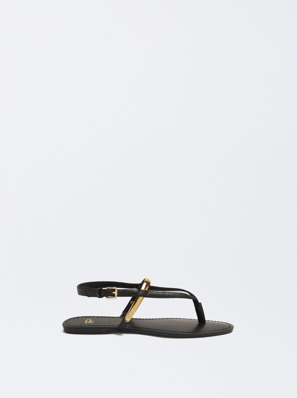 Flat Sandals With Metallic Detail, Black, hi-res