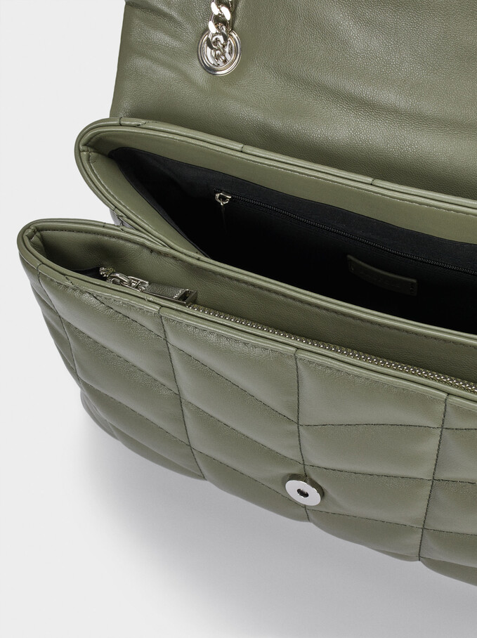 Quilted Shoulder Bag With Contrast Strap, Khaki, hi-res