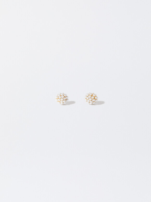 Steel Earrings With Pearls, Golden, hi-res