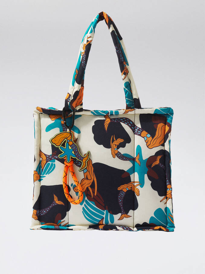 Nylon Printed Tote Bag, White, hi-res