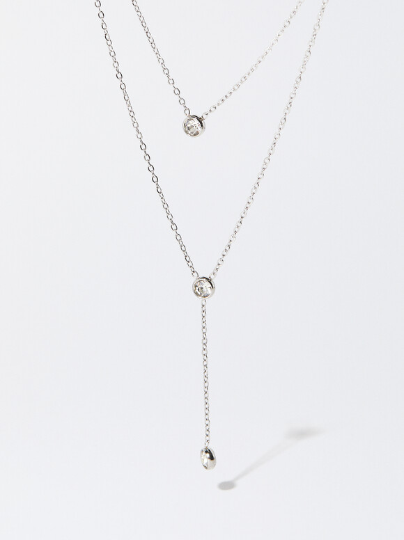 Silver Stainless Steel Necklace With Crystals, Silver, hi-res